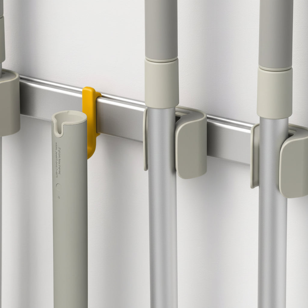 Aluminium Cleaning Tool Storage Rail – Adjustable Hooks and Pole Grips for Organised Storage