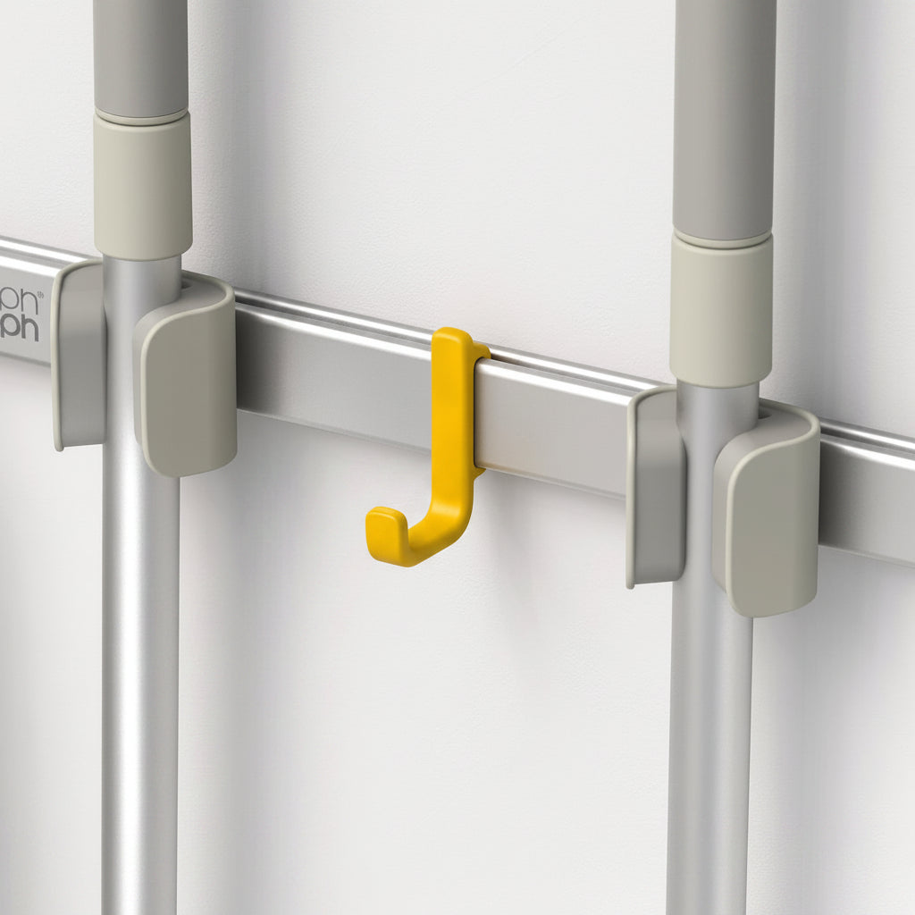 Aluminium Cleaning Tool Storage Rail – Adjustable Hooks and Pole Grips for Organised Storage