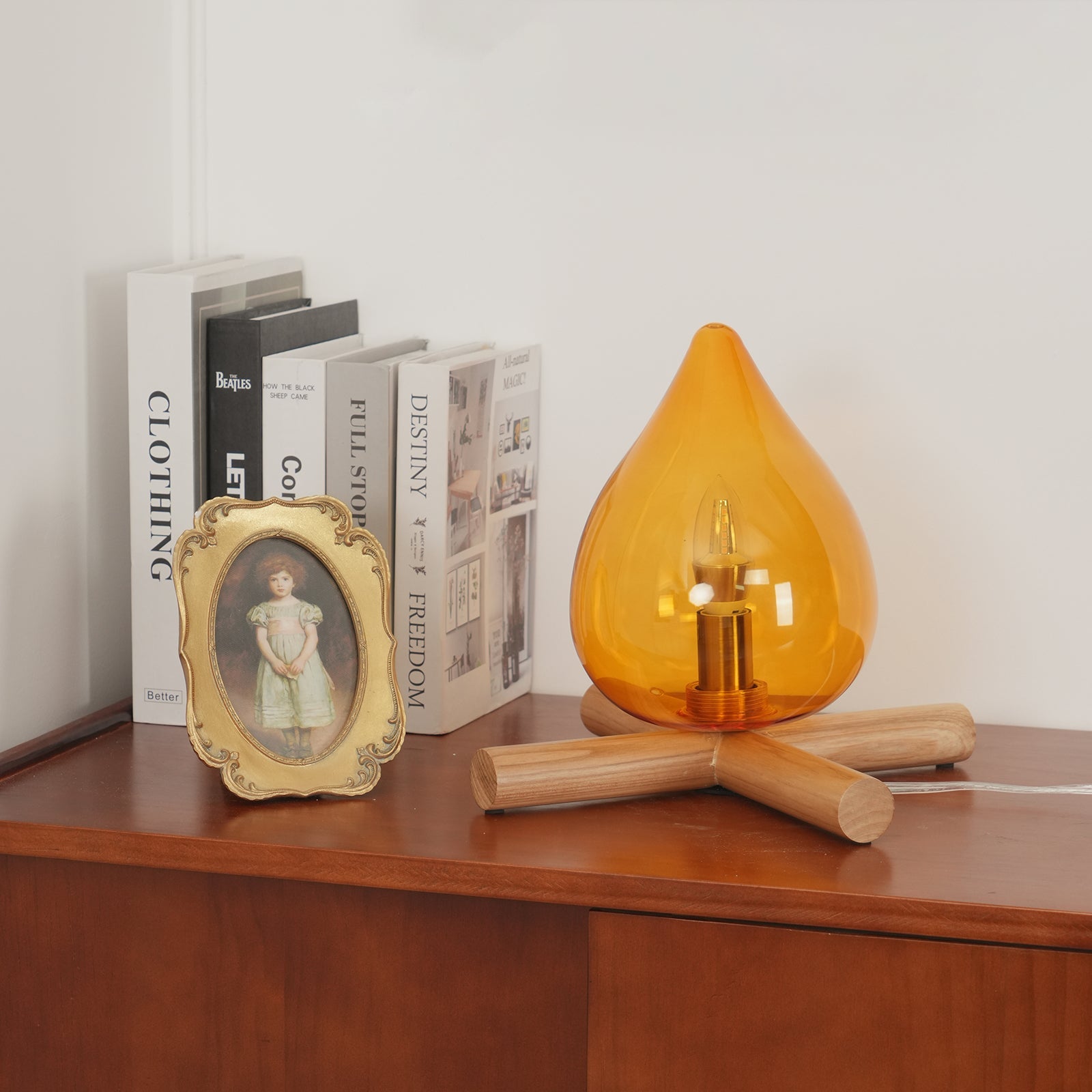 Artistic Table Lamp with Hand-Blown Glass Shade and Wooden Base – 30cm Diameter Bedside or Desk Lamp for Bedroom Decor
