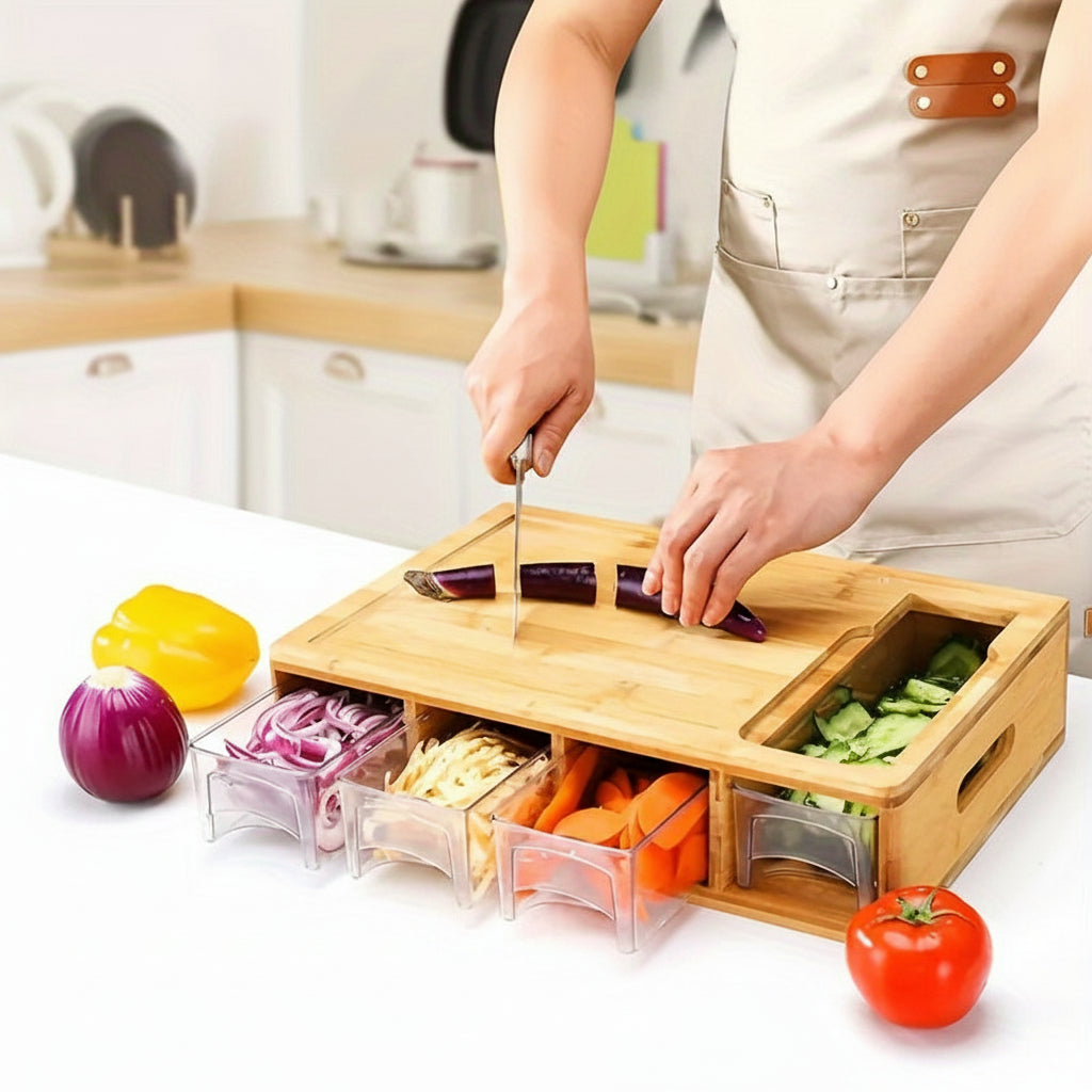 Bamboo Cutting Board with Storage Trays & Interchangeable Graters