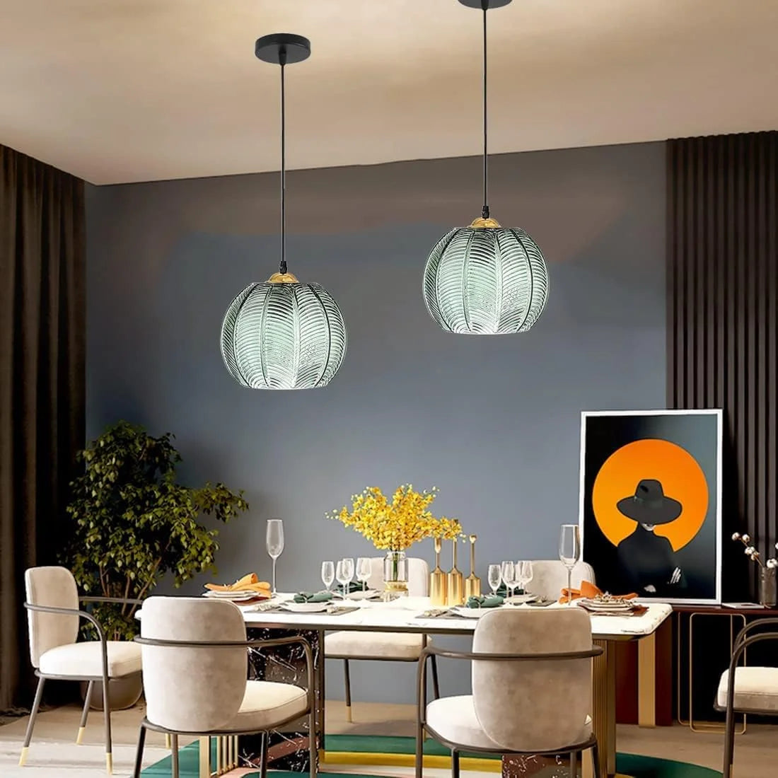 Boho Tropical Palm Leaf Glass Pendant Light – Elegant Kitchen Hanging Light Fixture with Adjustable Height