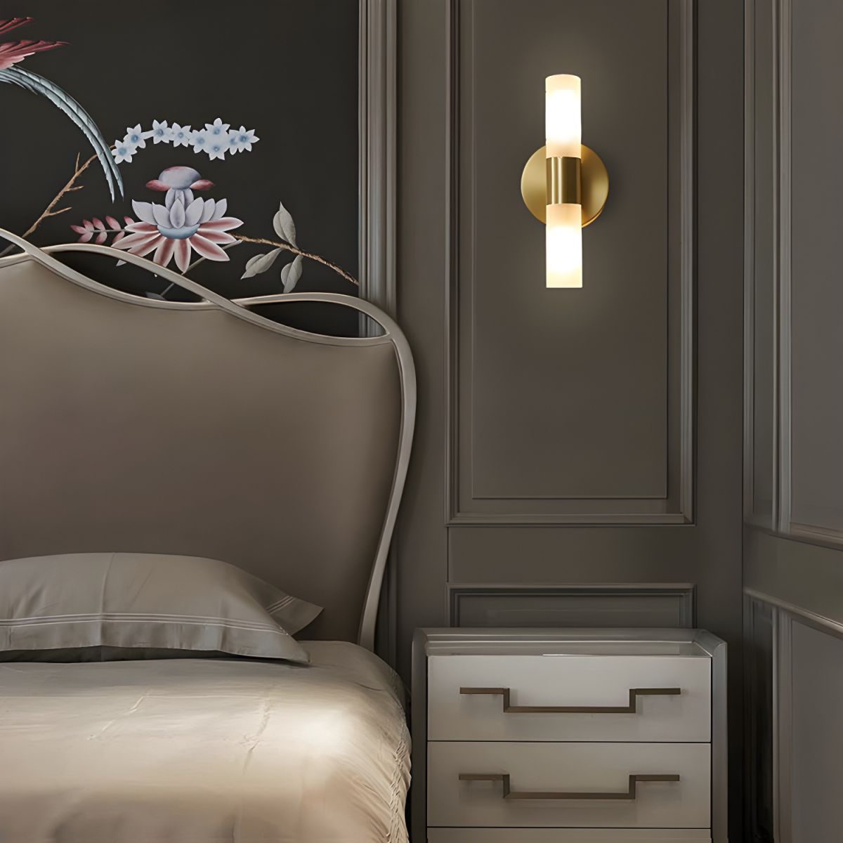 Brass LED Wall Light with Cylindrical Milk Shade