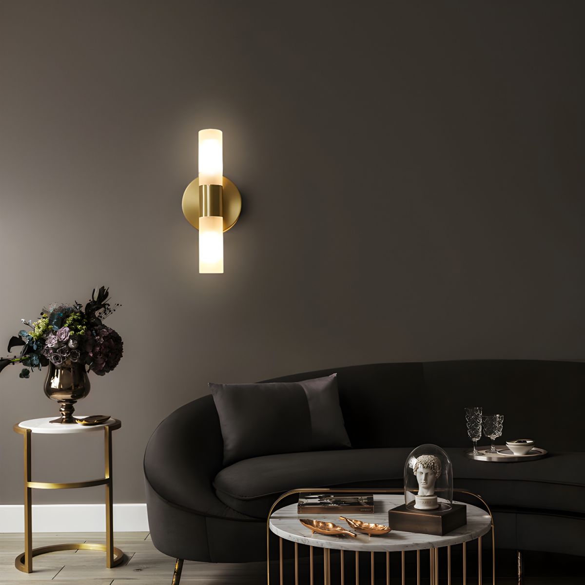 Brass LED Wall Light with Cylindrical Milk Shade