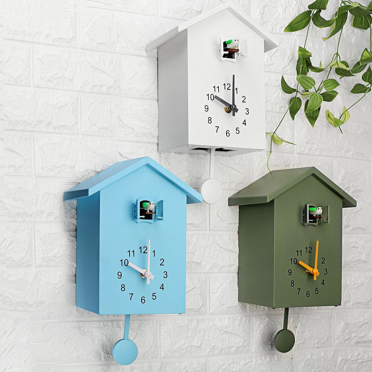 Charming Cuckoo Wall Clock Decor – 20x25 cm Battery Operated Clock in Blue, White, and Green for Cozy Home Design