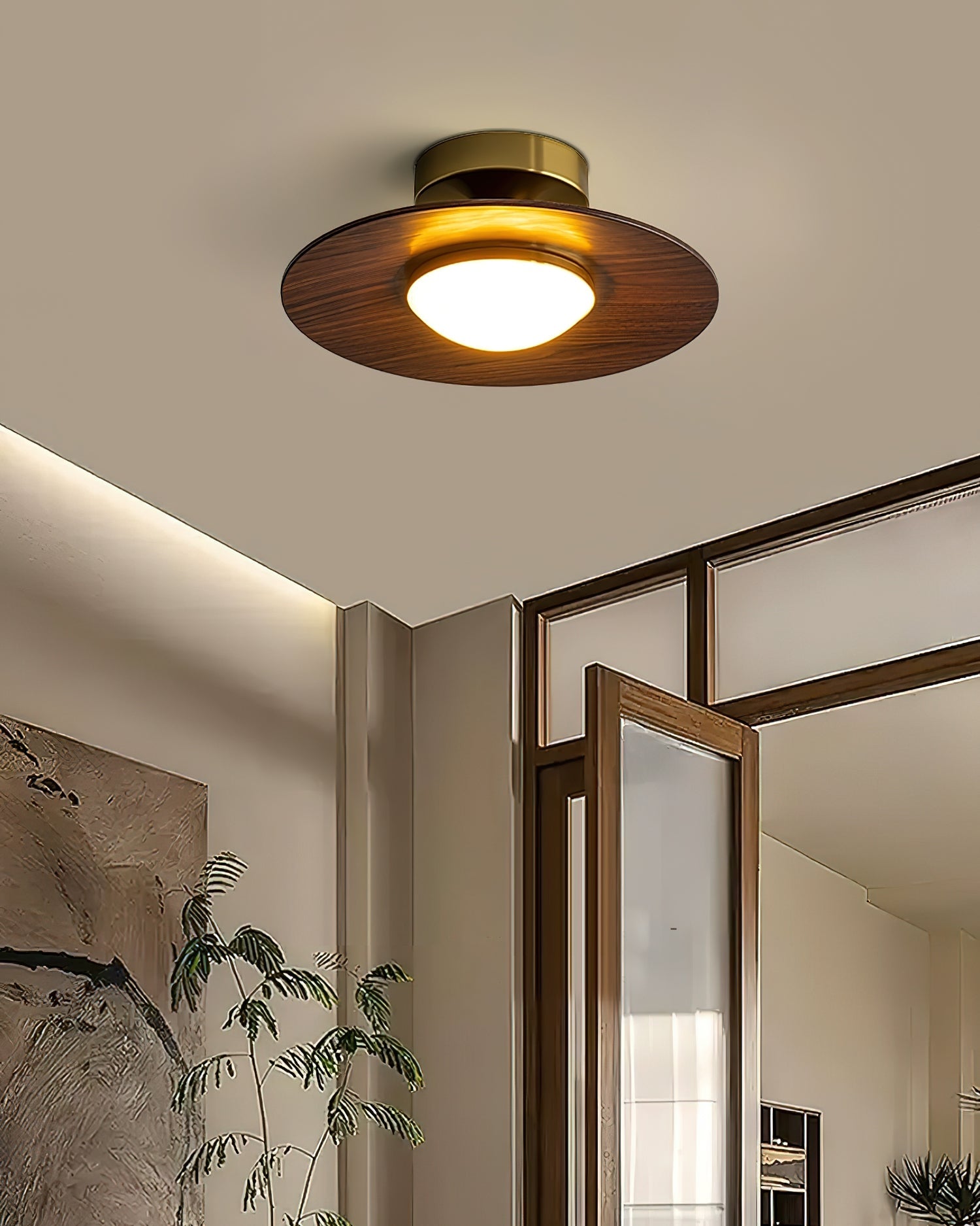 Contemporary Flush Mount Ceiling Light Fixture with Metal Frame and Wood Accent – 24cm Diameter LED Ceiling Lamp