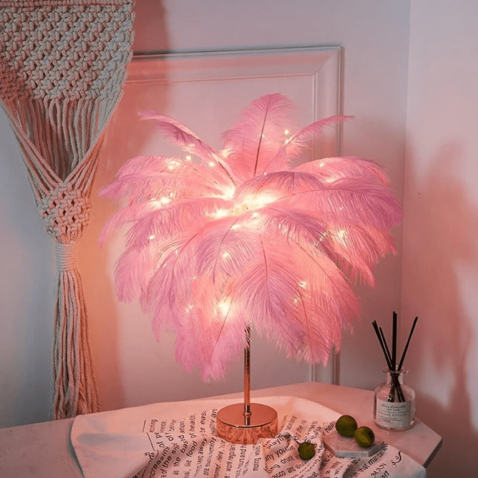 Elegant Ostrich Feather Table Lamp with Adjustable Branches – Battery Operated Cordless Design for Cozy Bedside or Living Room Lighting