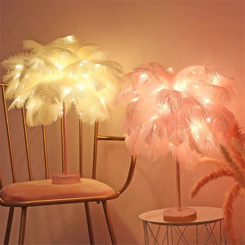 Elegant Ostrich Feather Table Lamp with Adjustable Branches – Battery Operated Cordless Design for Cozy Bedside or Living Room Lighting