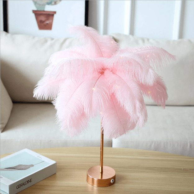 Elegant Ostrich Feather Table Lamp with Adjustable Branches – Battery Operated Cordless Design for Cozy Bedside or Living Room Lighting