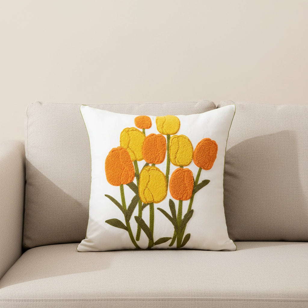 Floral Embroidered Canvas Cushion Cover