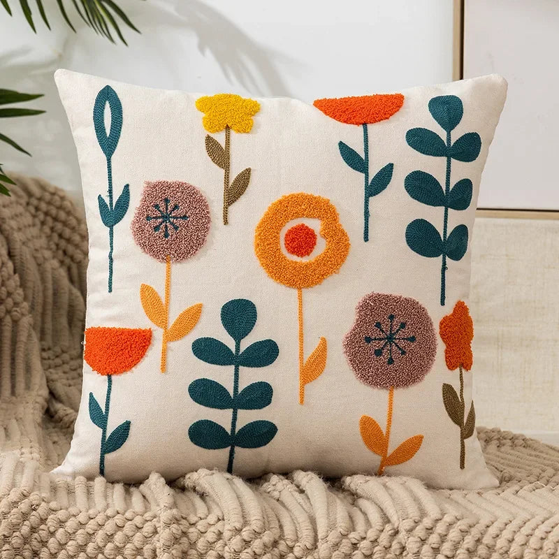Floral Embroidered Canvas Cushion Cover