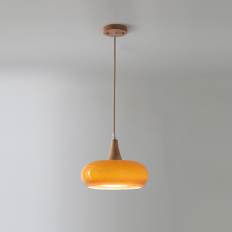 Hailie Pendant Lamp with Glass Shade and Wooden Accents – Modern Ceiling Light for Indoor Use