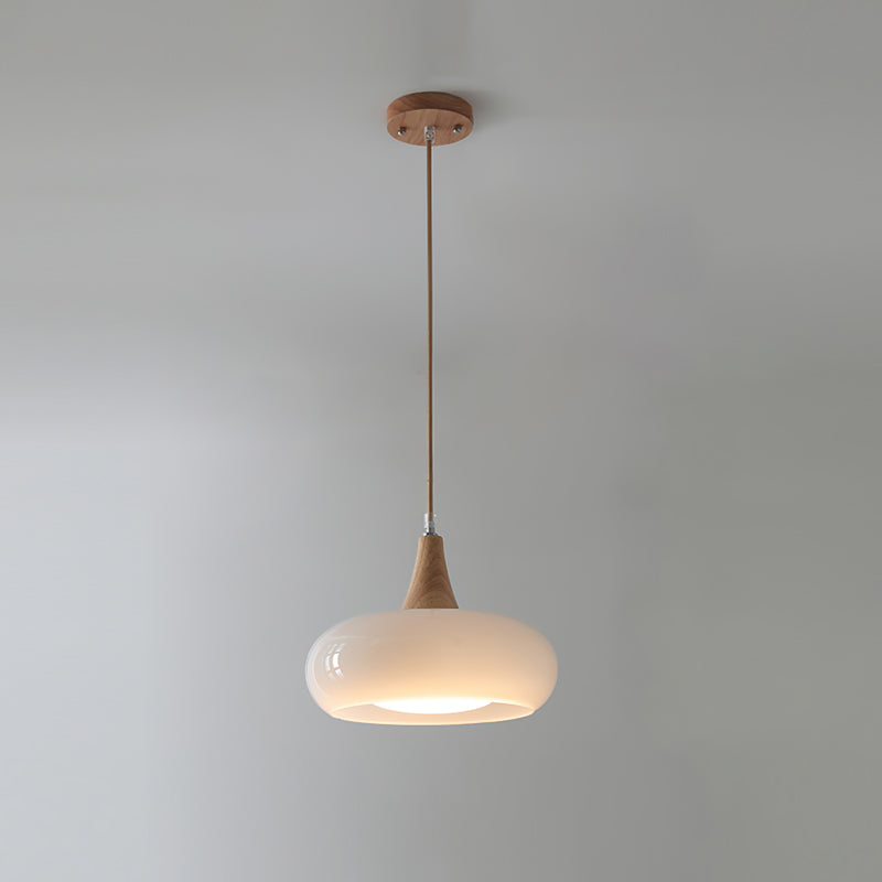 Hailie Pendant Lamp with Glass Shade and Wooden Accents – Modern Ceiling Light for Indoor Use