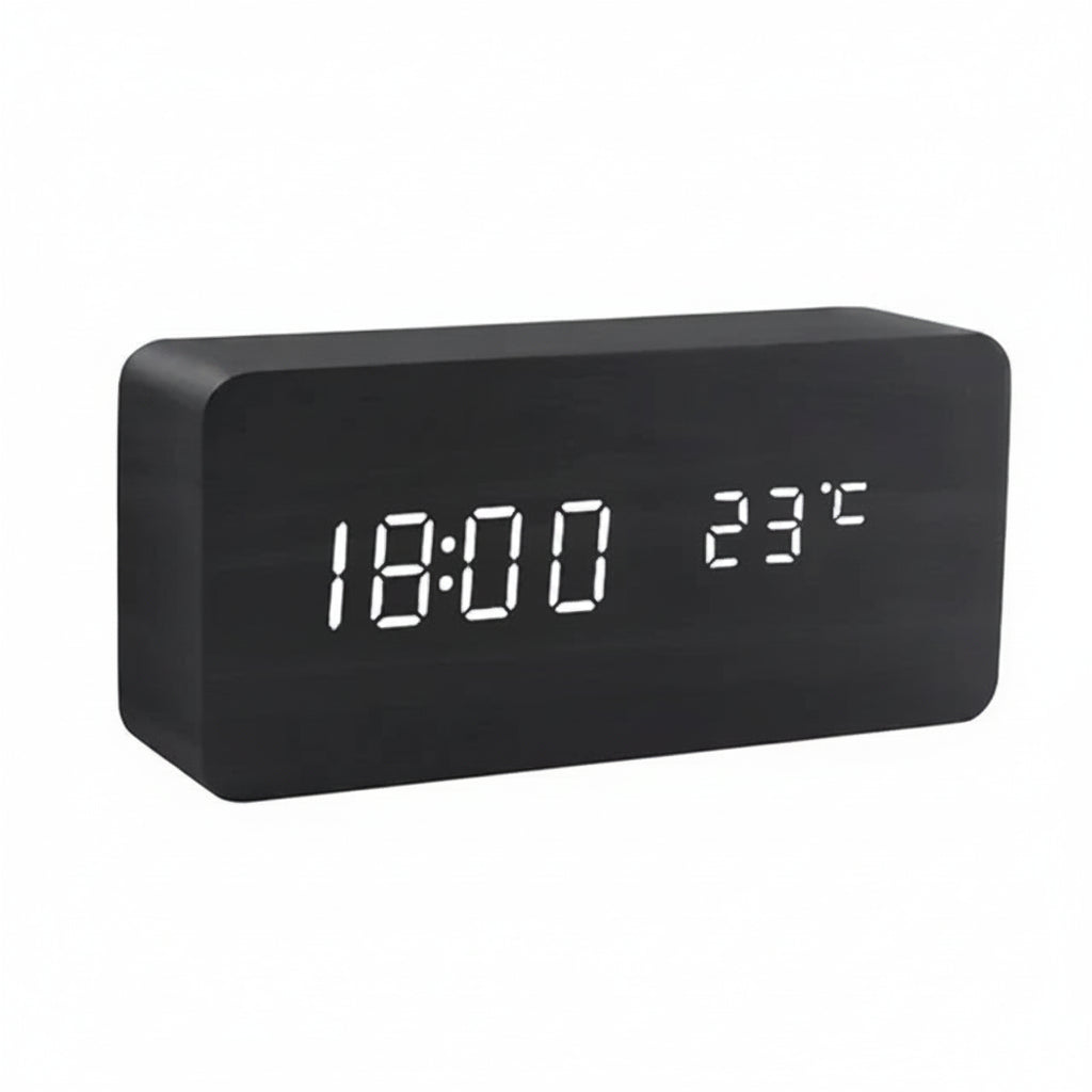 LED Smart Alarm Clock with Voice Control, Wooden Design Digital Display and Temperature Function