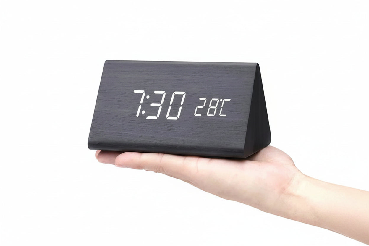 LED Smart Alarm Clock with Voice Control, Wooden Design Digital Display and Temperature Function
