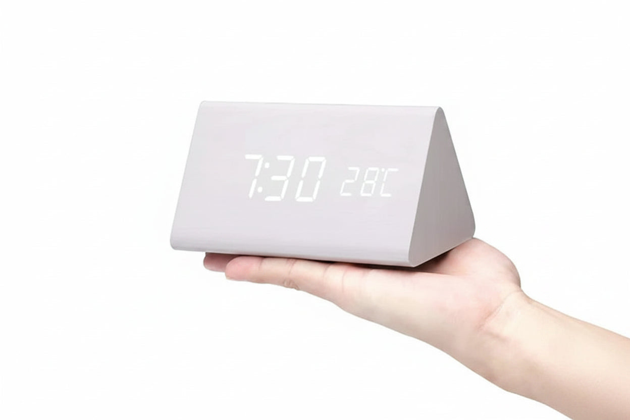 LED Smart Alarm Clock with Voice Control, Wooden Design Digital Display and Temperature Function