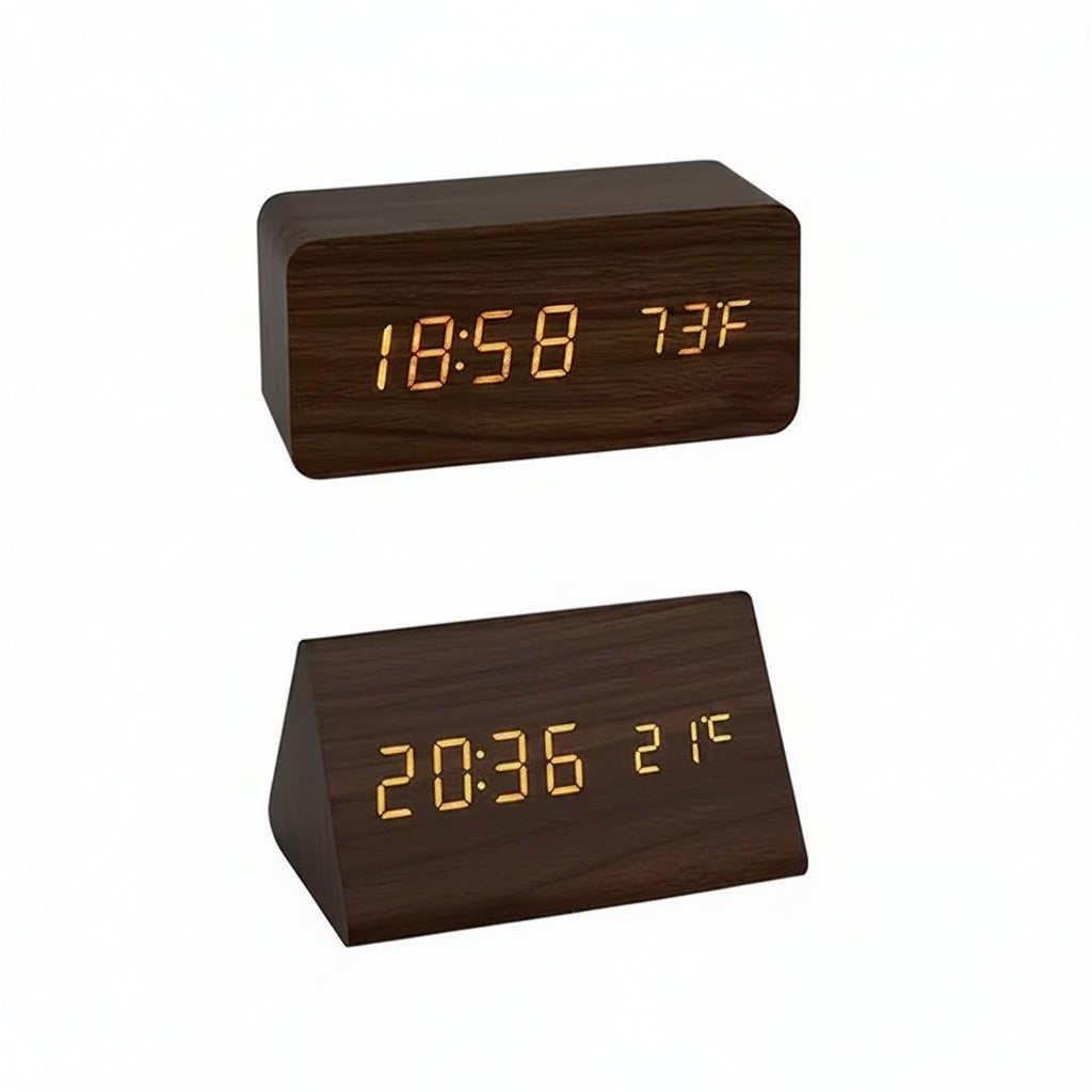 LED Smart Alarm Clock with Voice Control, Wooden Design Digital Display and Temperature Function