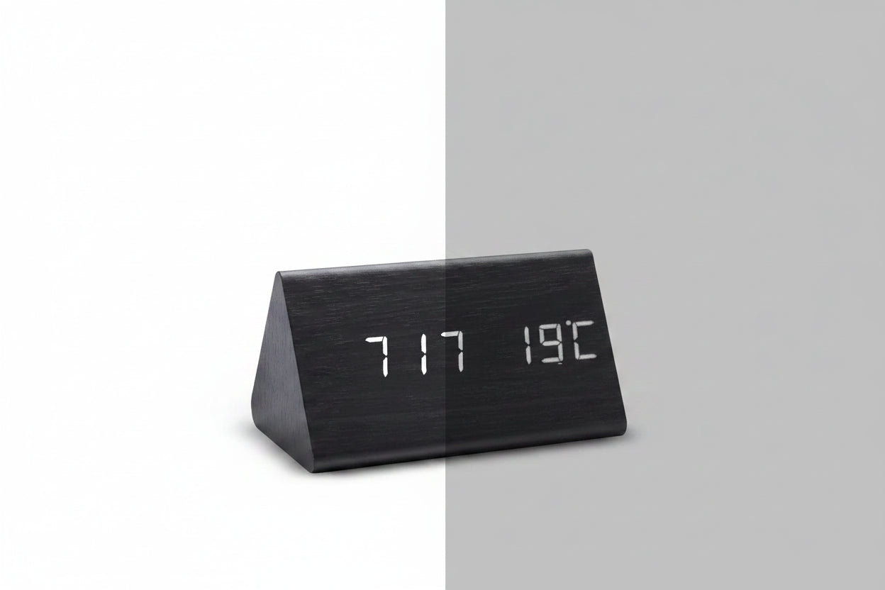 LED Smart Alarm Clock with Voice Control, Wooden Design Digital Display and Temperature Function