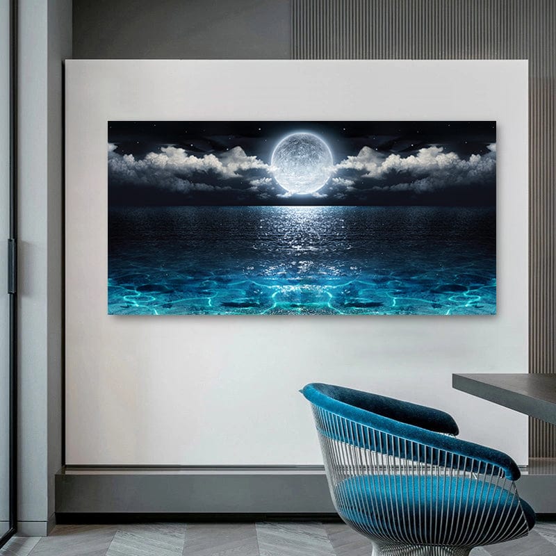 Limited Edition Moon Rise Art Print – Serene Full Moon Over Blue Waters – High-Quality Canvas Print for Home Décor