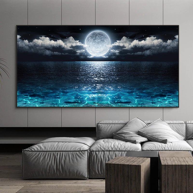 Limited Edition Moon Rise Art Print – Serene Full Moon Over Blue Waters – High-Quality Canvas Print for Home Décor