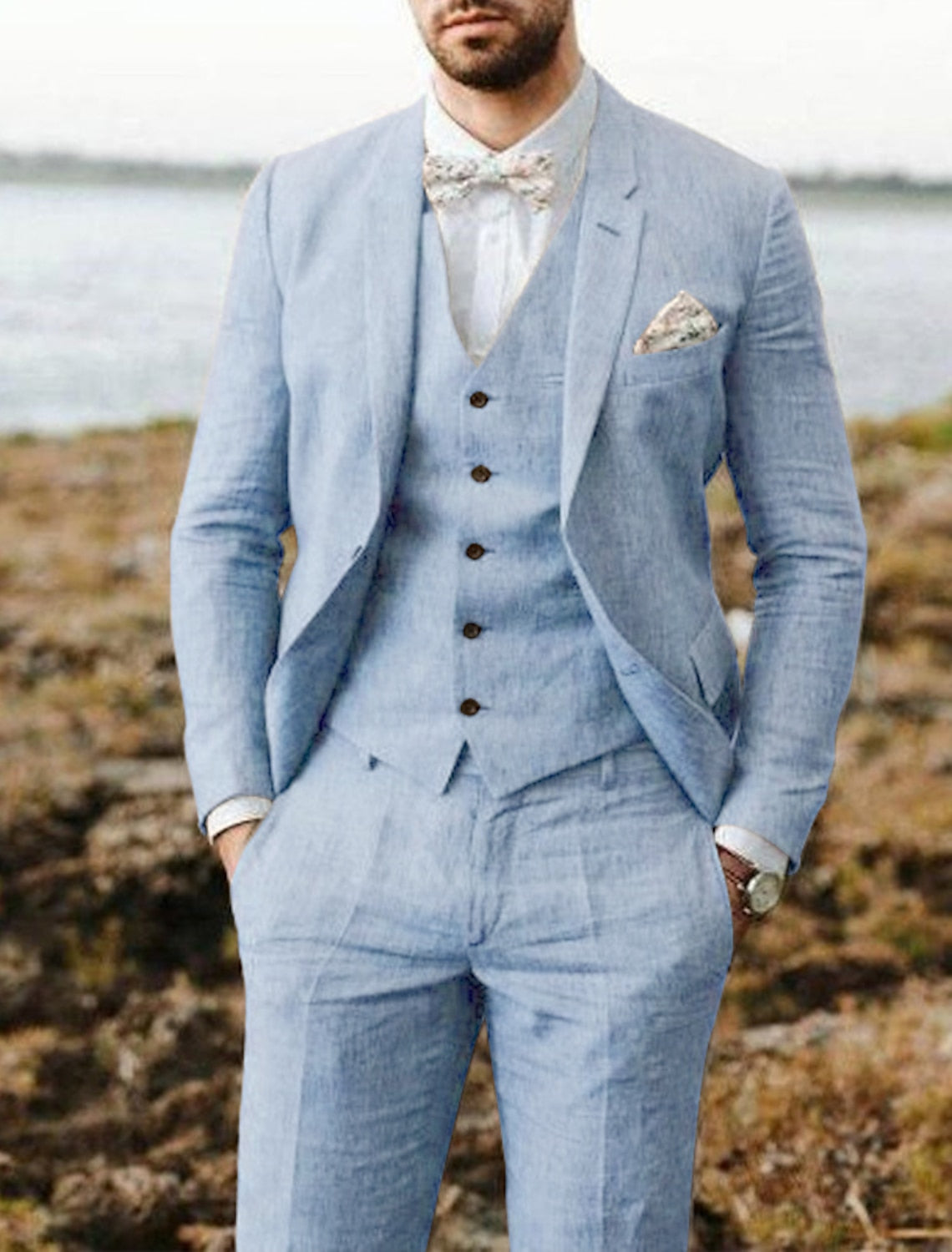 Men’s Cotton-Linen Three-Piece Suit