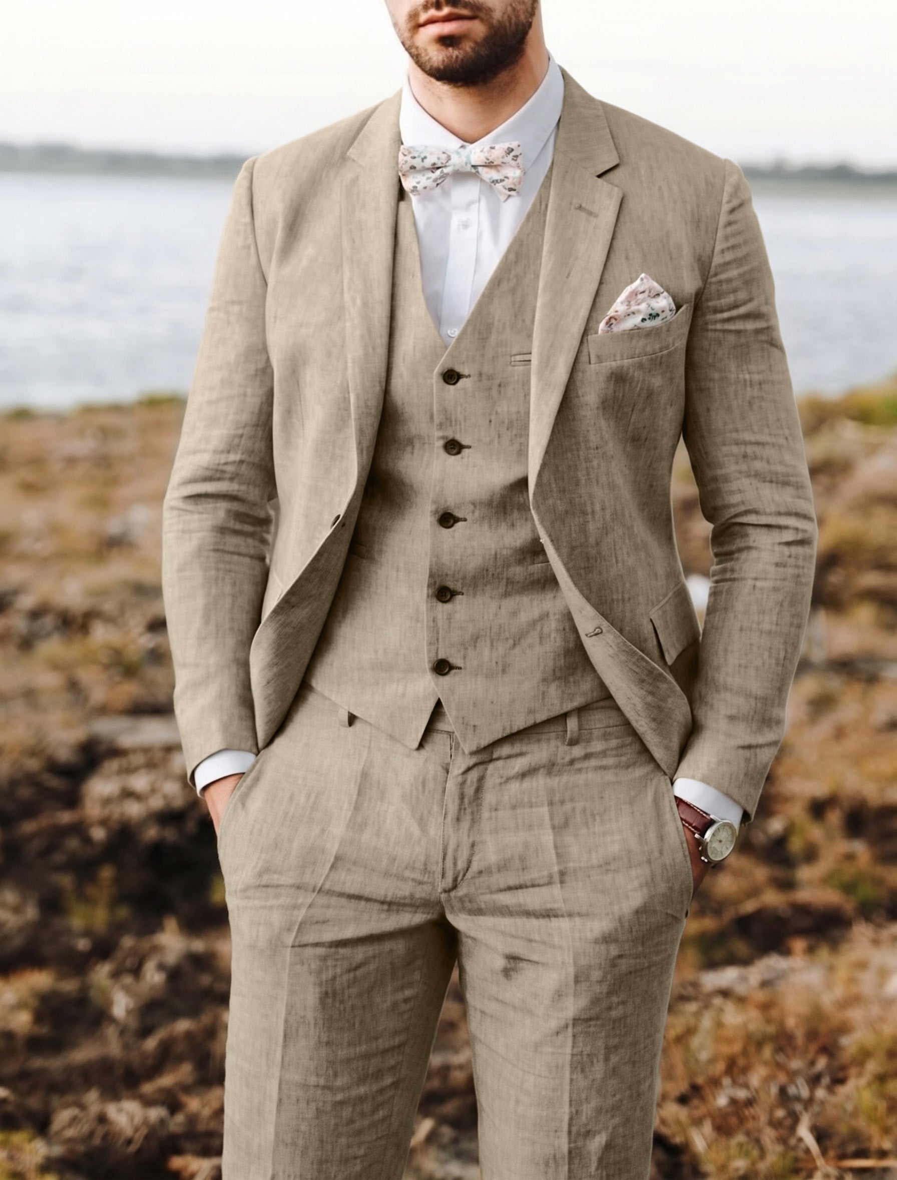 Men’s Cotton-Linen Three-Piece Suit