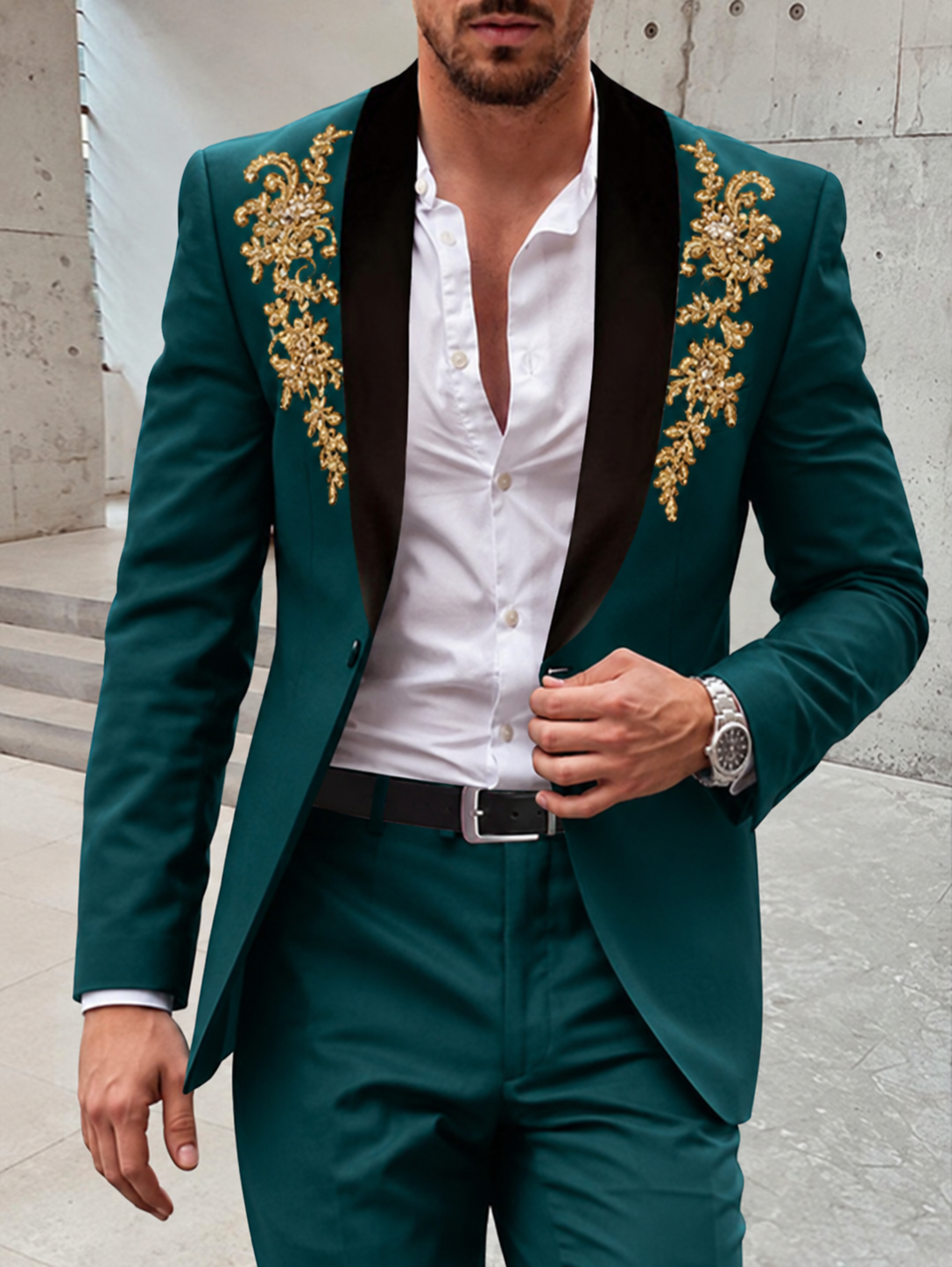 Men's Sequin Tuxedo Suit with Gold Embroidered Lapels