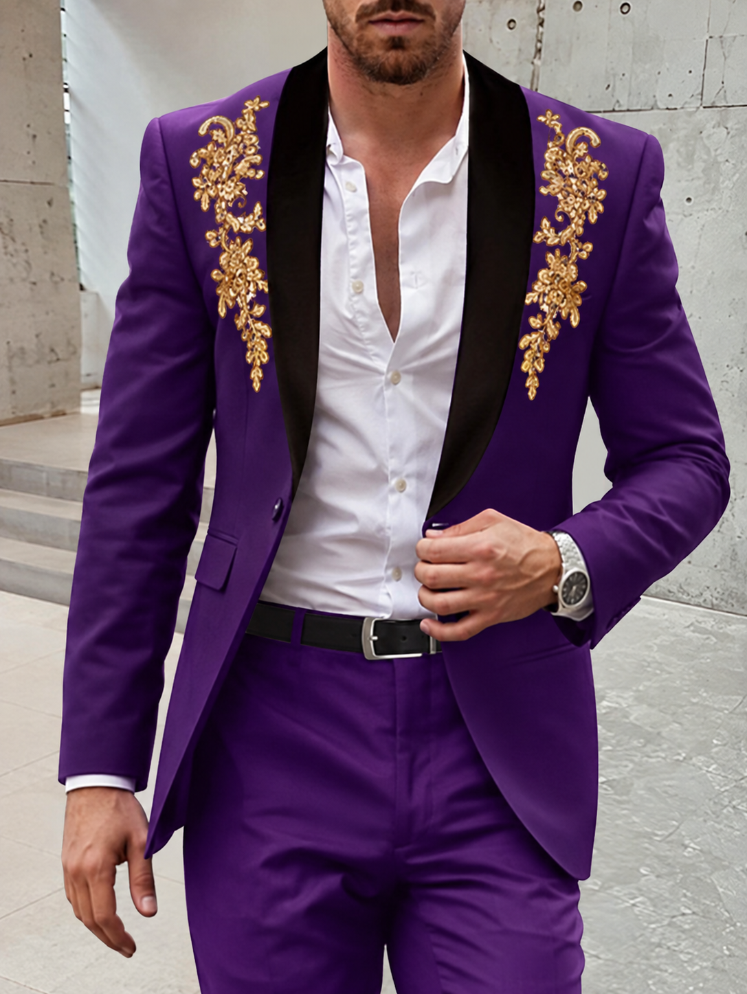 Men's Sequin Tuxedo Suit with Gold Embroidered Lapels