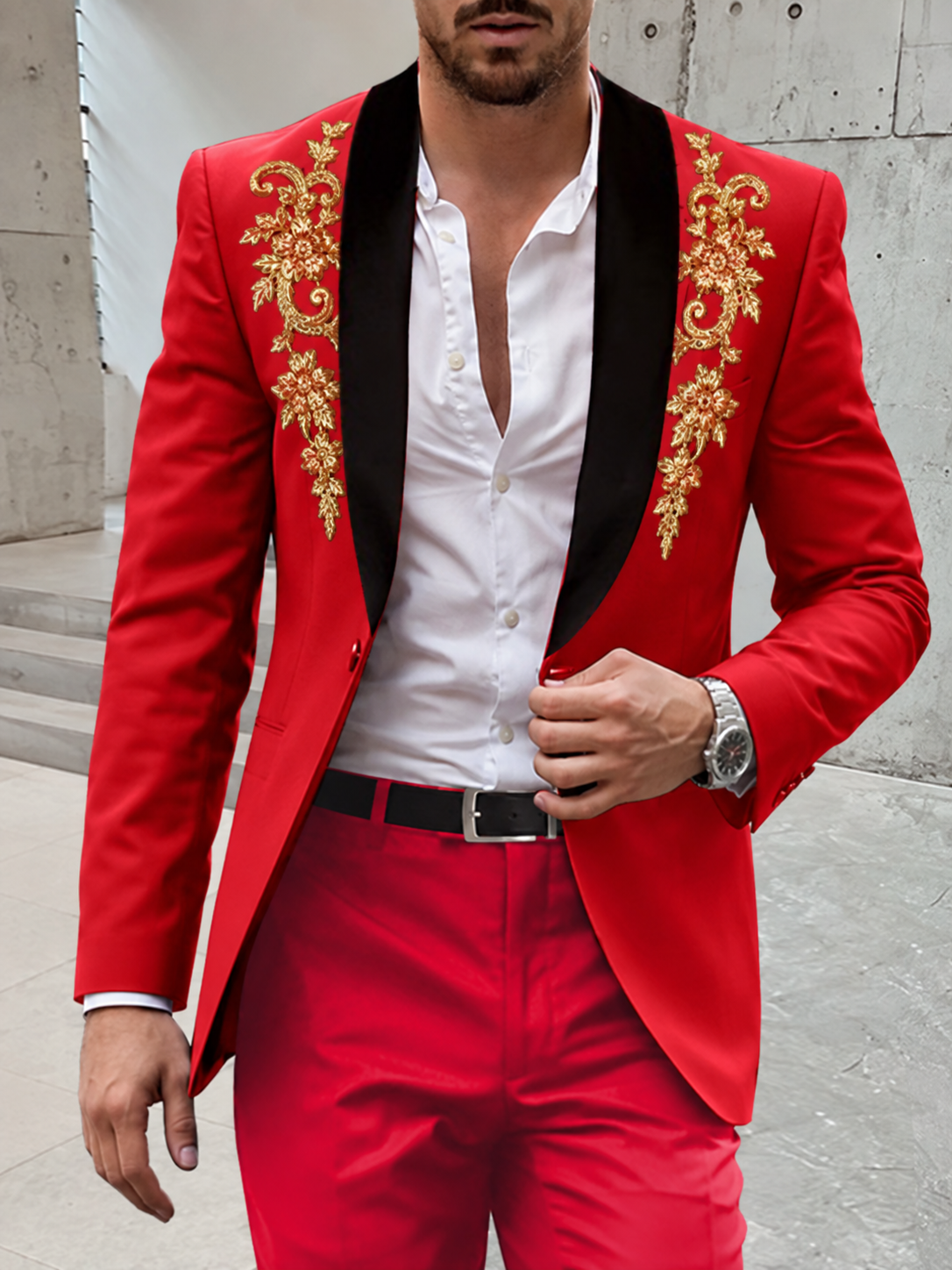 Men's Sequin Tuxedo Suit with Gold Embroidered Lapels