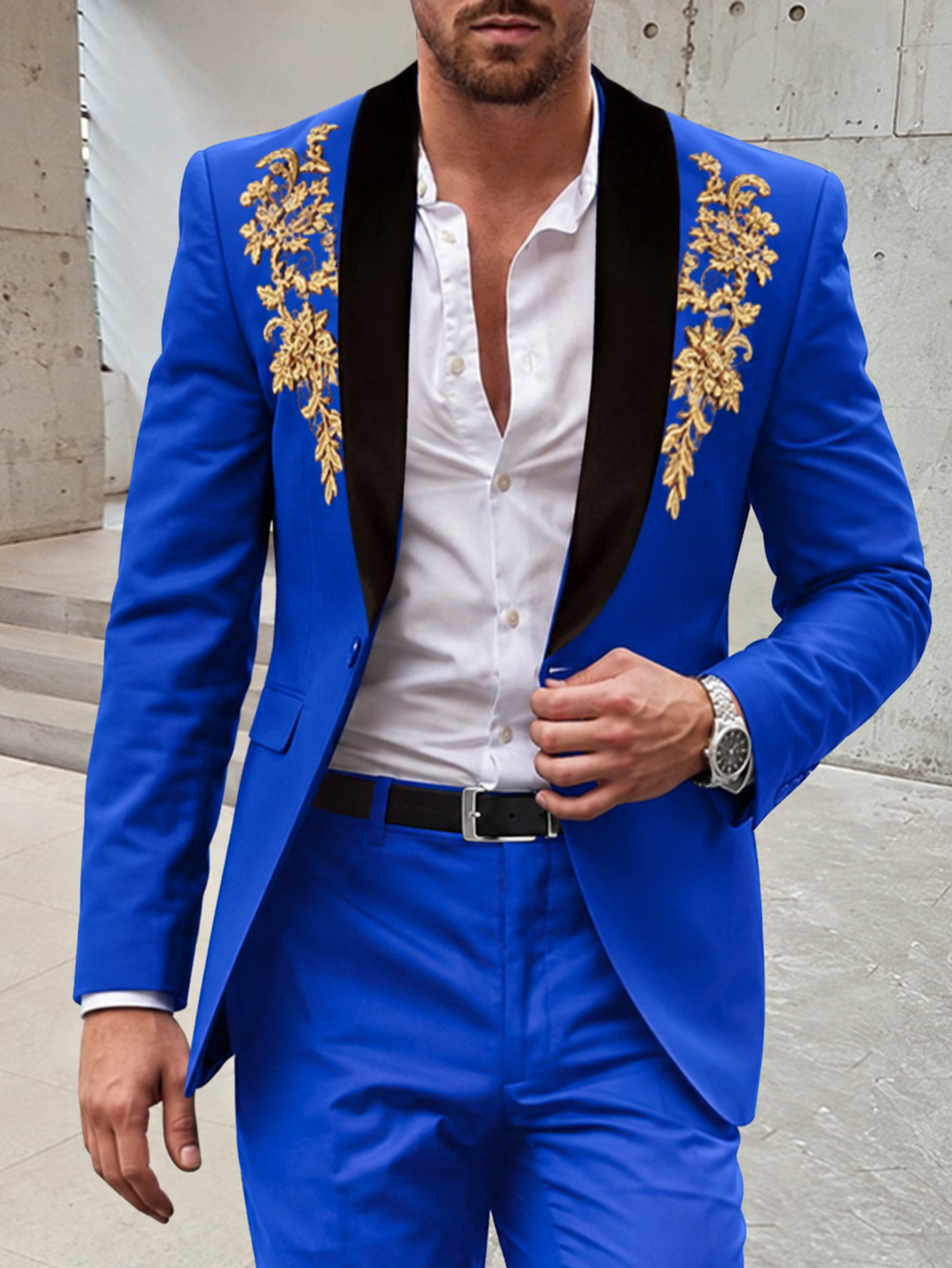 Men's Sequin Tuxedo Suit with Gold Embroidered Lapels