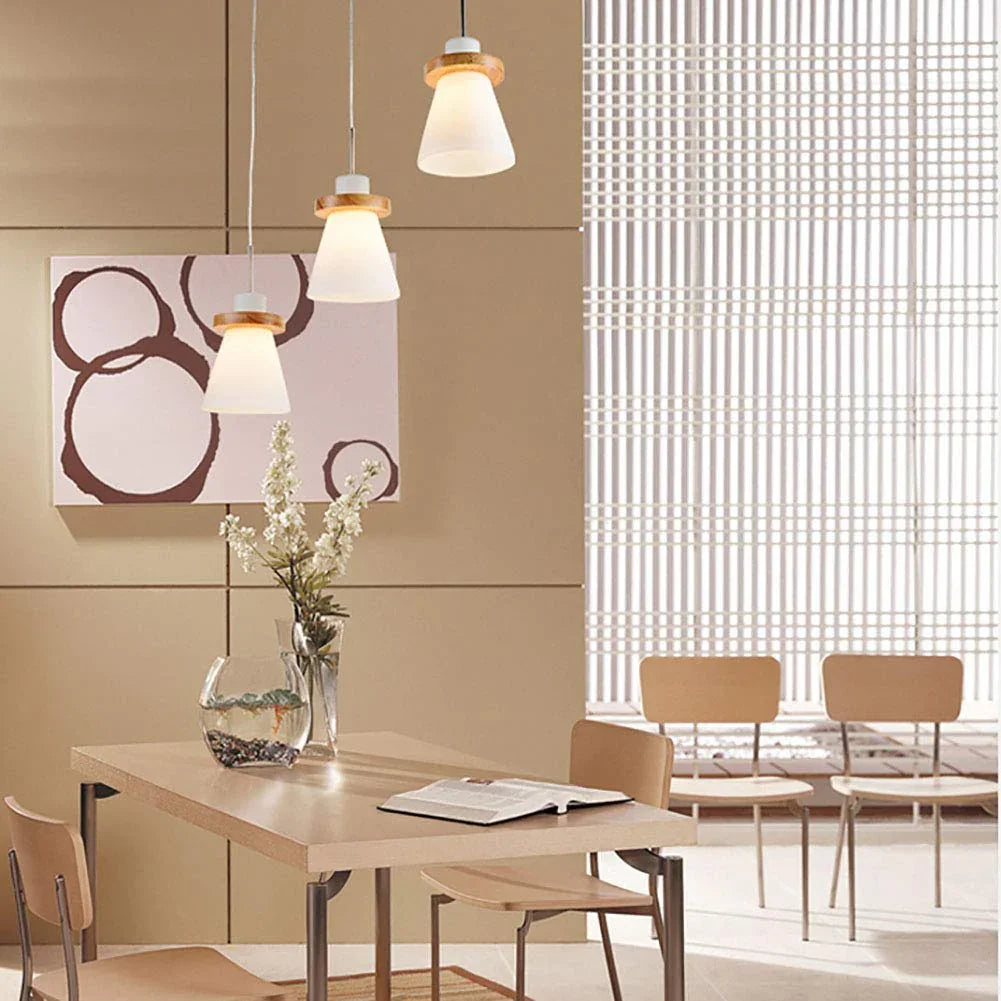 Minimalist Trapezoid Pendant Light in White Wood and Glass – Stylish Kitchen Pendant Lighting for Bedroom, Dining, and Living Room