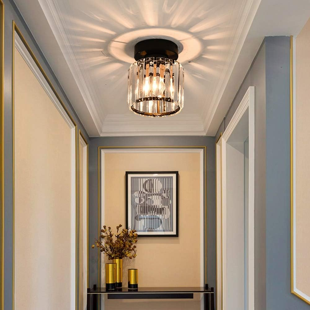 Modern Flush Mount Ceiling Light Fixture in Black – 1-Light Crystal Design for Hallway and Living Room