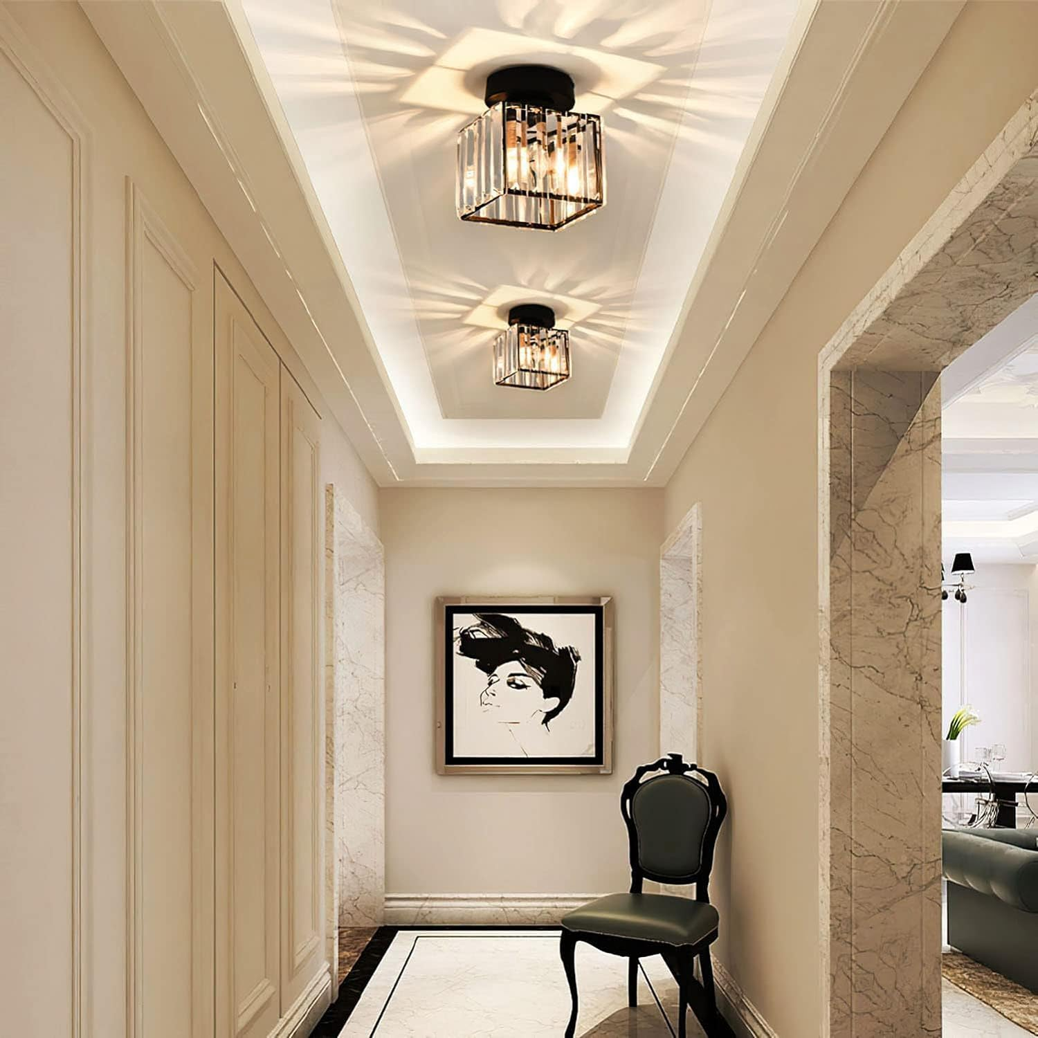 Modern Flush Mount Ceiling Light Fixture in Black – 1-Light Crystal Design for Hallway and Living Room