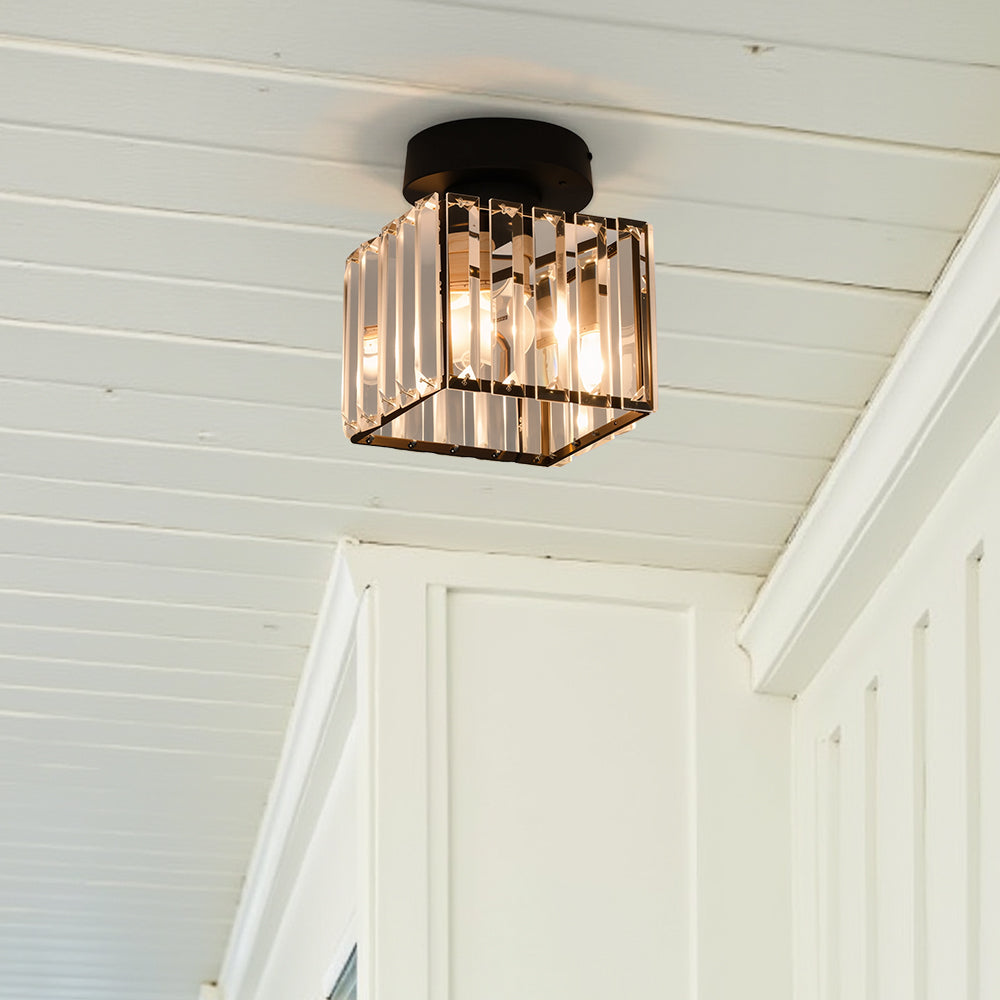 Modern Flush Mount Ceiling Light Fixture in Black – 1-Light Crystal Design for Hallway and Living Room