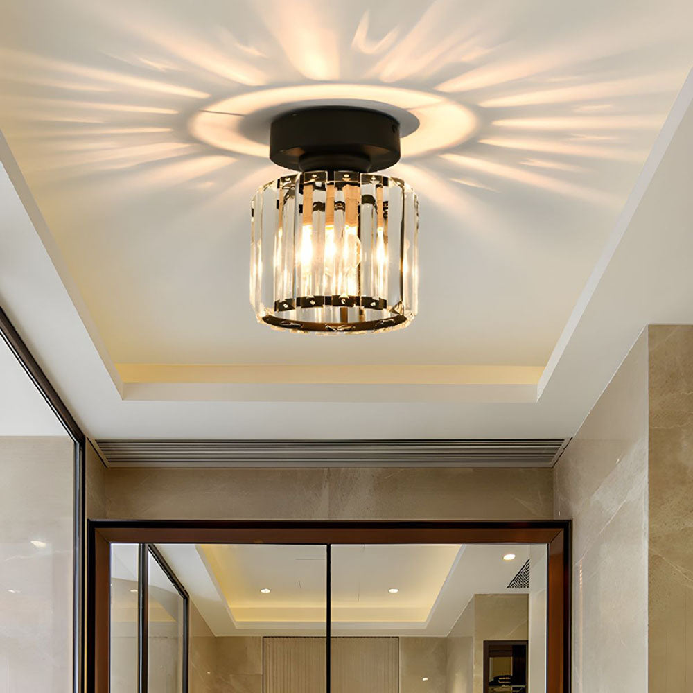 Modern Flush Mount Ceiling Light Fixture in Black – 1-Light Crystal Design for Hallway and Living Room