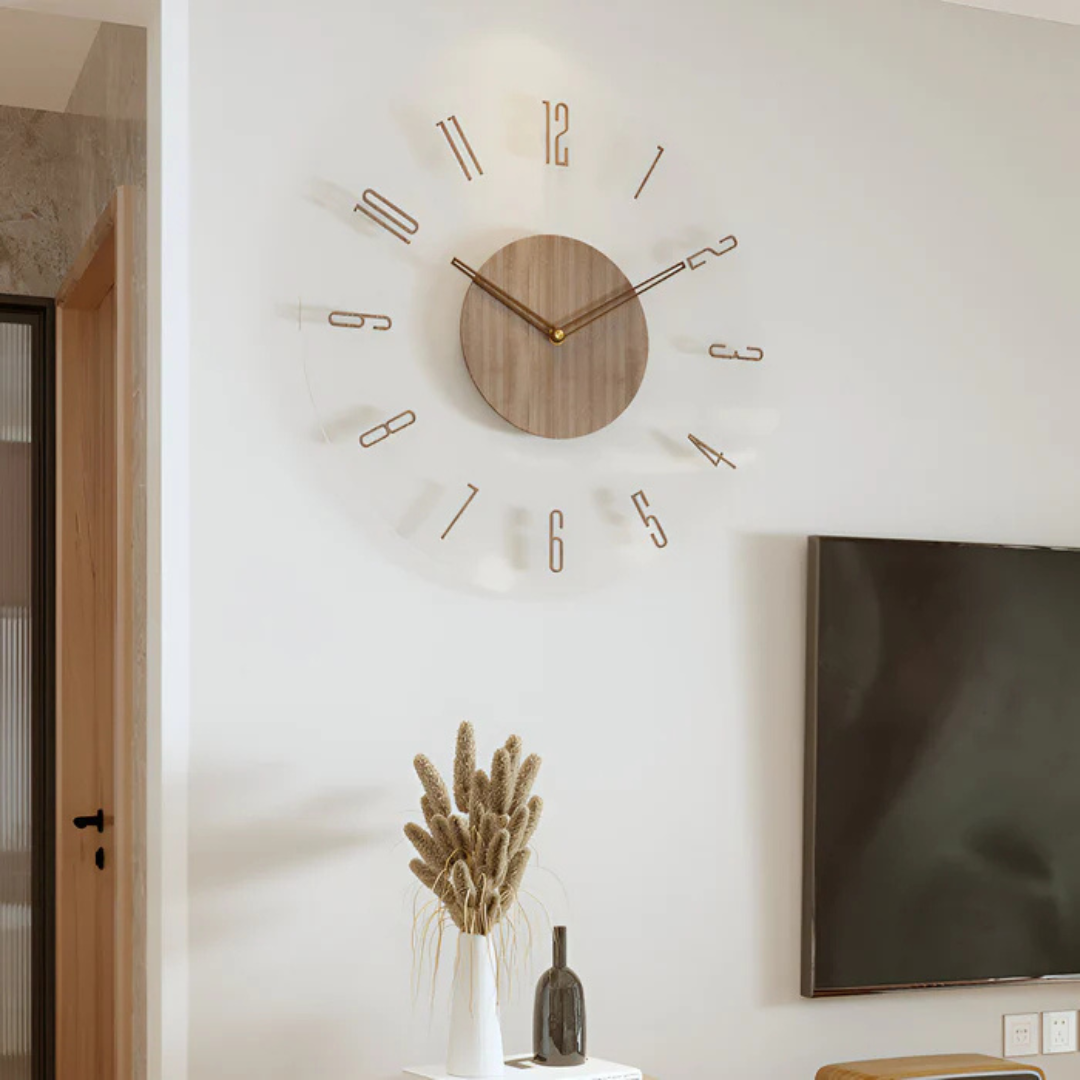 Modern Wall Clock 30 cm - Stylish Acrylic and Wood Design for Living Room Decor, Silent Quartz Mechanism