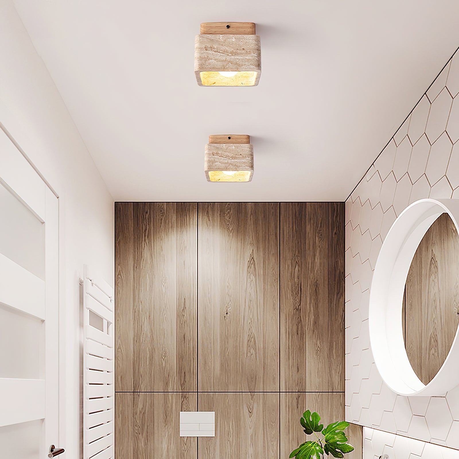 Natural Stone and Wood Ceiling Lamp Flush Mount Light Fixture