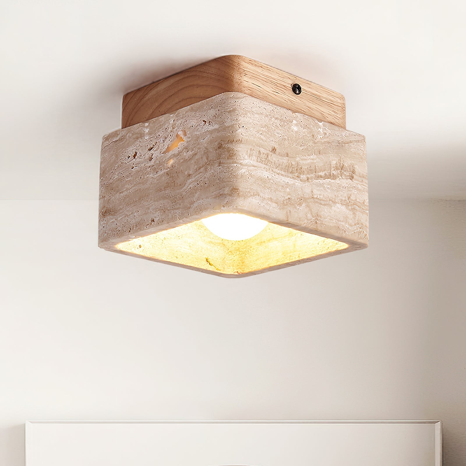 Natural Stone and Wood Ceiling Lamp Flush Mount Light Fixture