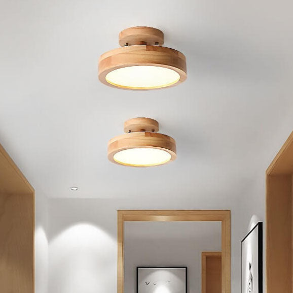 Nordic Round LED Flush Mount Ceiling Light Fixture with Adjustable Color Temperature – Modern Wood Design for Living Room, Hallway, Bedroom