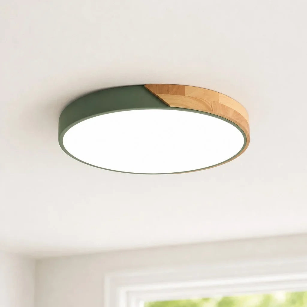 Round Dimmable Macaron LED Ceiling Lamp with Wood Accent