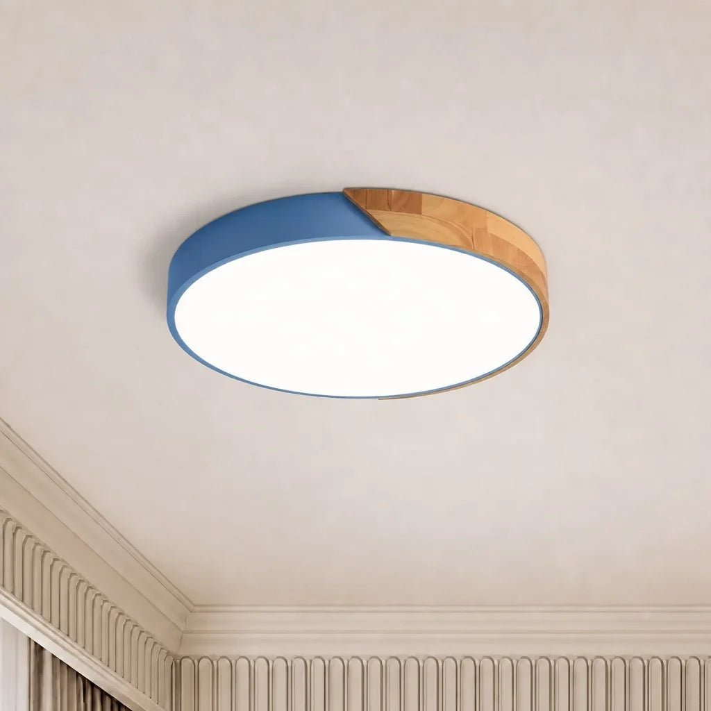 Round Dimmable Macaron LED Ceiling Lamp with Wood Accent