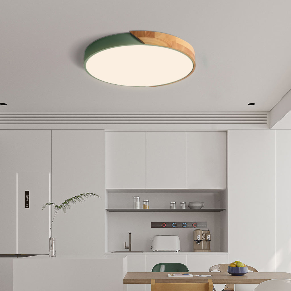 Round Dimmable Macaron LED Ceiling Lamp with Wood Accent