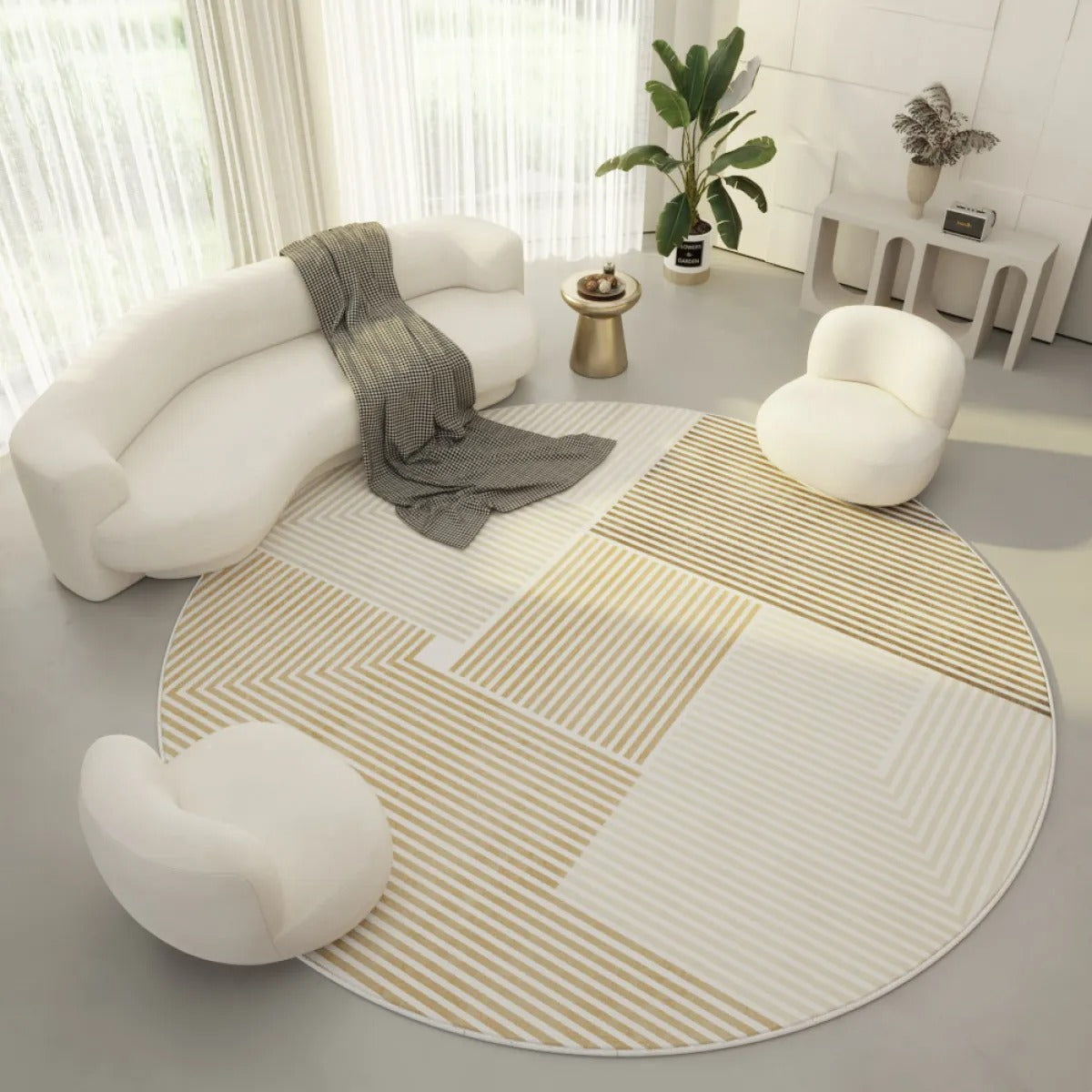 Round Polyester Area Rug with Geometric Pattern – Washable Modern Floor Carpet
