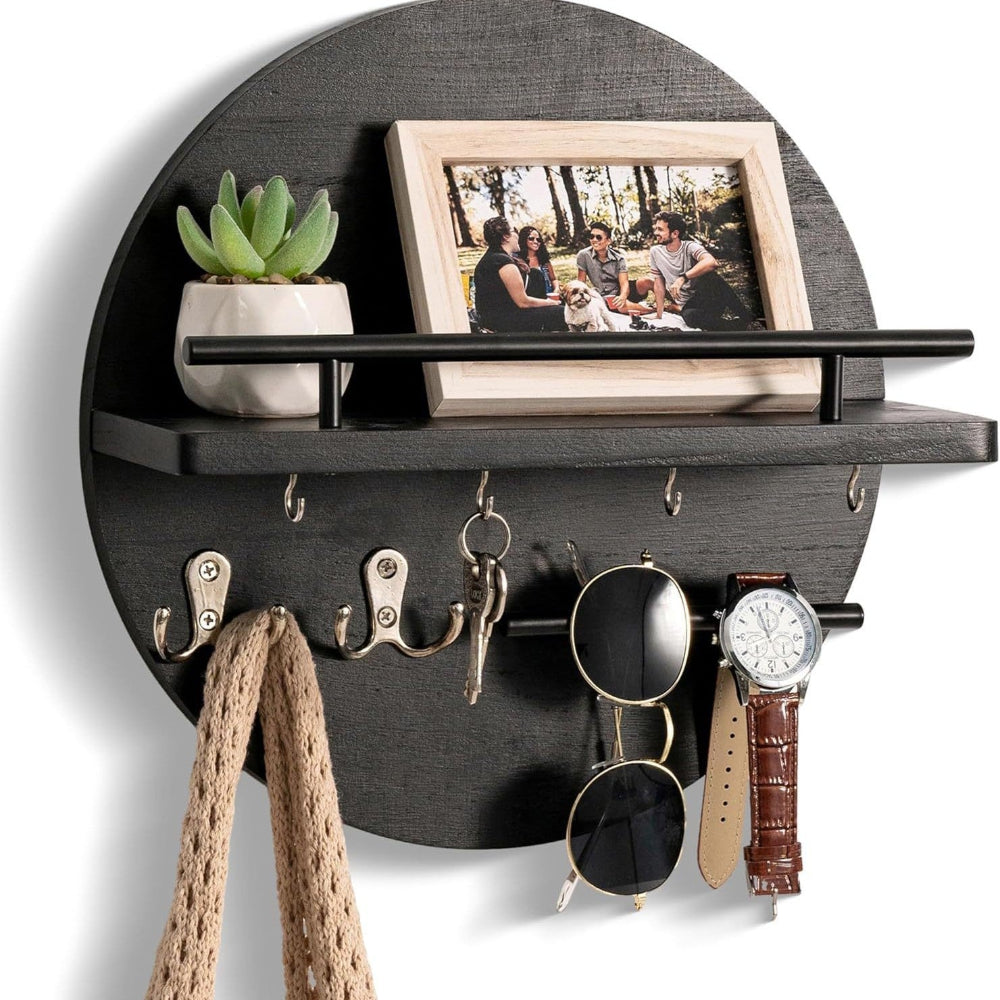 Round Wooden Wall Key Holder Organiser with Metal Hooks