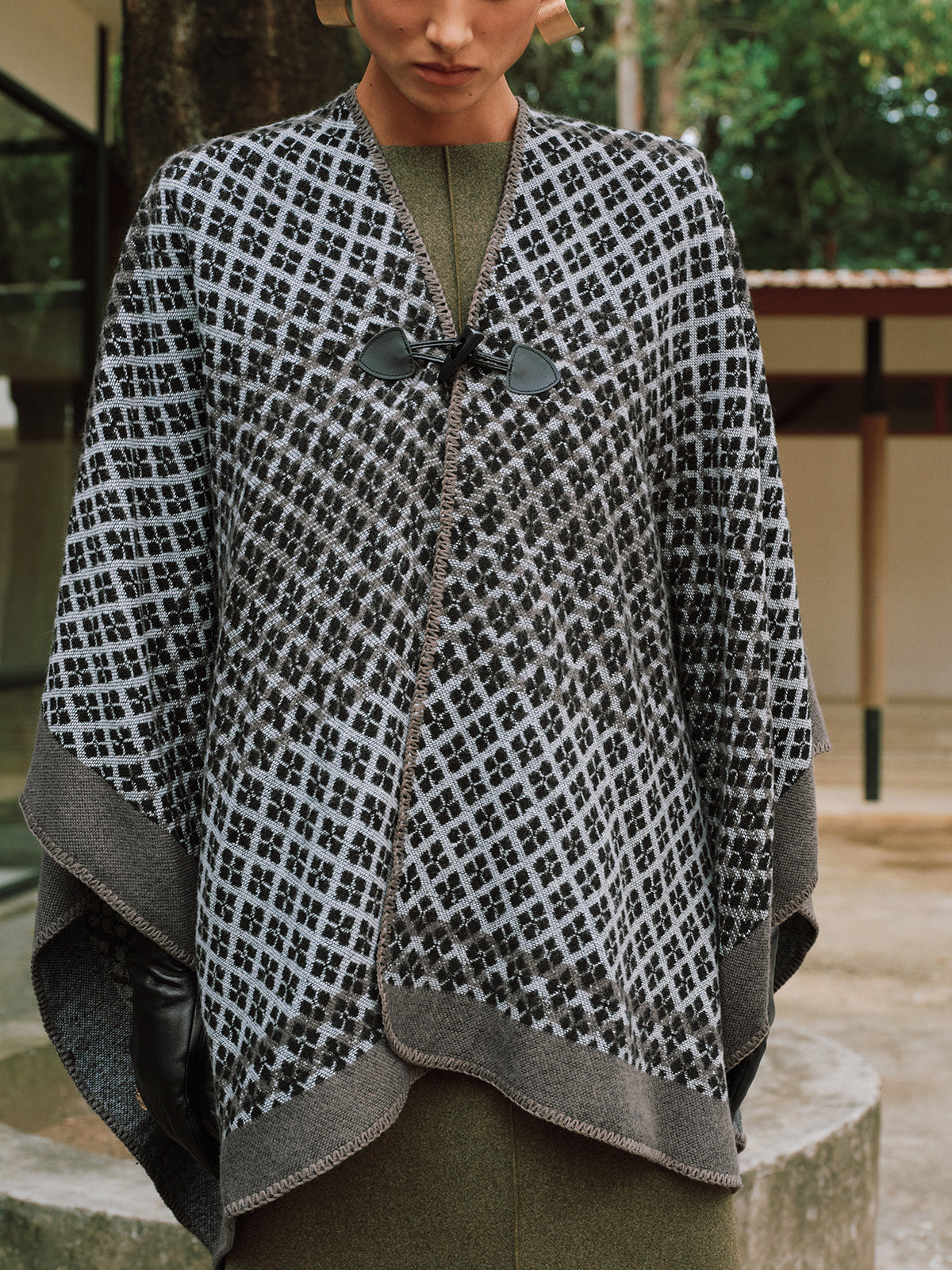 Women's Black Checked Poncho