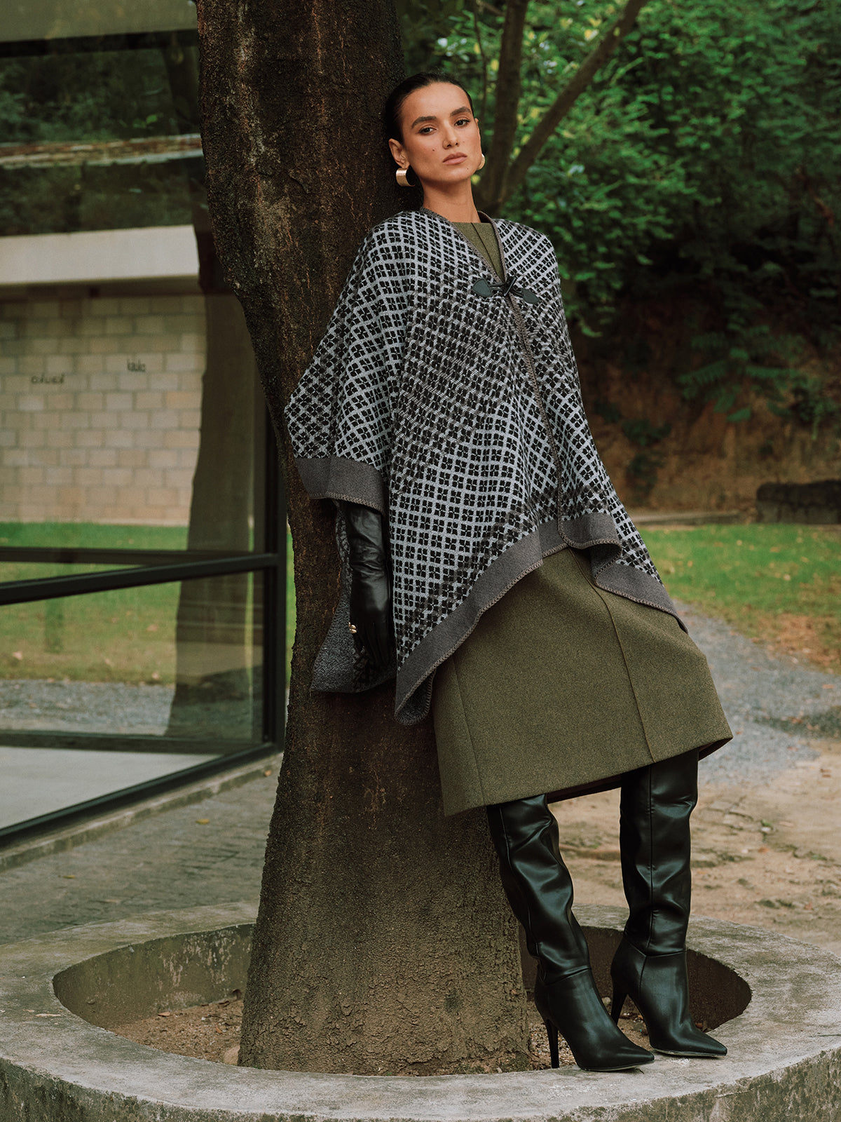 Women's Black Checked Poncho