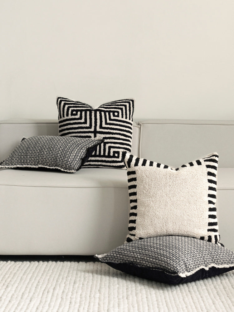 Tufted Cushion Cover 100% Cotton, Modern Black and Beige Stripe – Stylish Sofa and Couch Cushion Cover