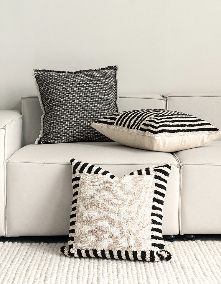 Tufted Cushion Cover 100% Cotton, Modern Black and Beige Stripe – Stylish Sofa and Couch Cushion Cover