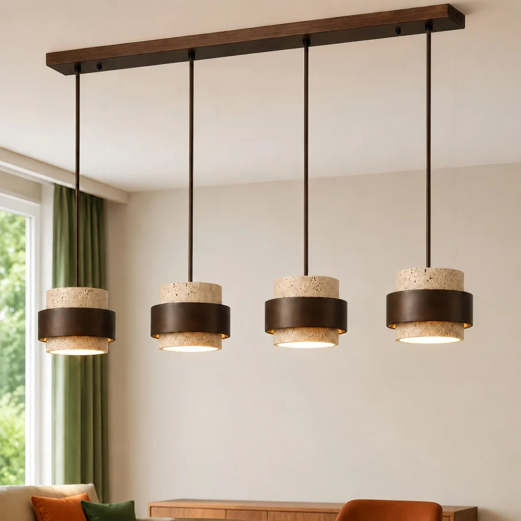 Wabi-Sabi Natural Travertine Cylinder Pendant Light with Wooden Shade, Japandi Kitchen Island Pendant Lamp