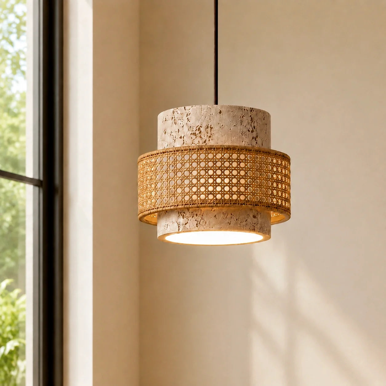 Wabi-Sabi Natural Travertine Cylinder Pendant Light with Wooden Shade, Japandi Kitchen Island Pendant Lamp