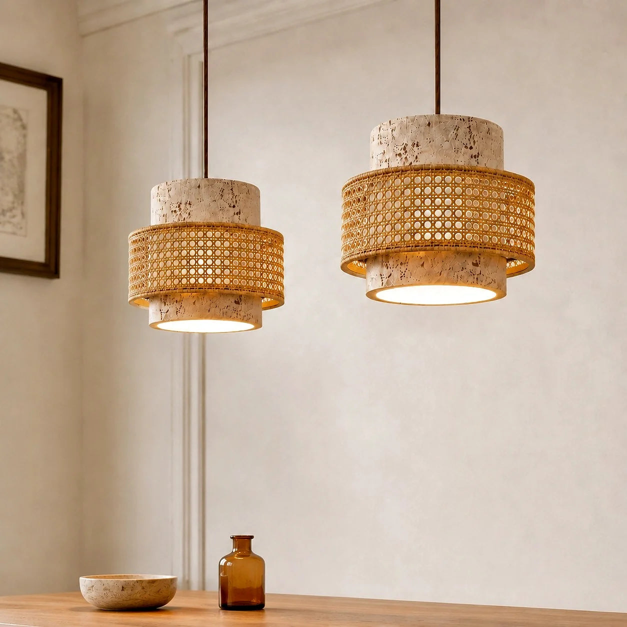 Wabi-Sabi Natural Travertine Cylinder Pendant Light with Wooden Shade, Japandi Kitchen Island Pendant Lamp